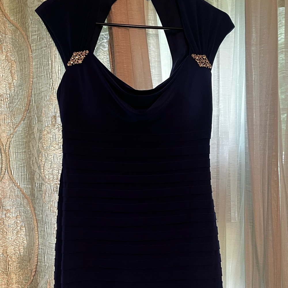 Xscape Size 4 Navy Bandage Dress with Embellished Shoulders